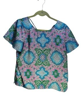 Talbots Paisley Short Sleeve Blouse Pink Blue Green Zip Side